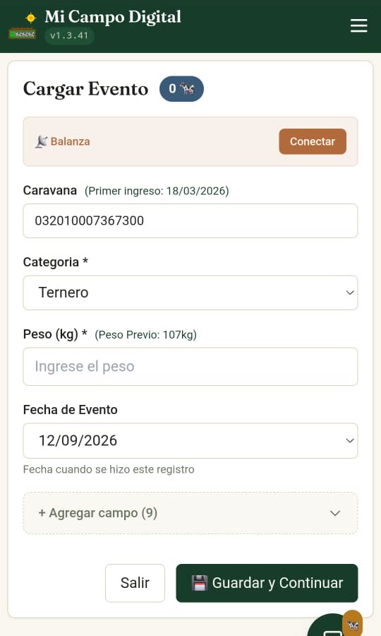 Pantalla Cargar evento en el celular: caravana, categoría, peso y fecha