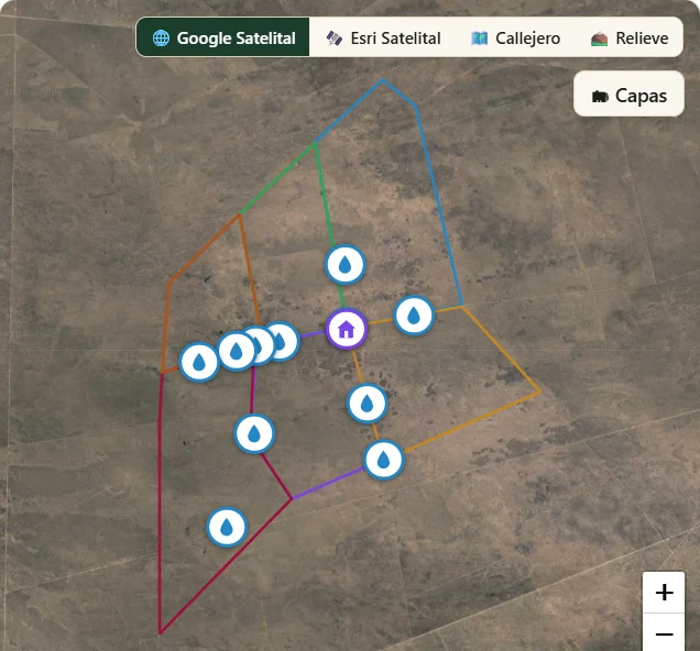 Cuadros, aguadas y alambrados dibujados sobre la foto satelital del campo
