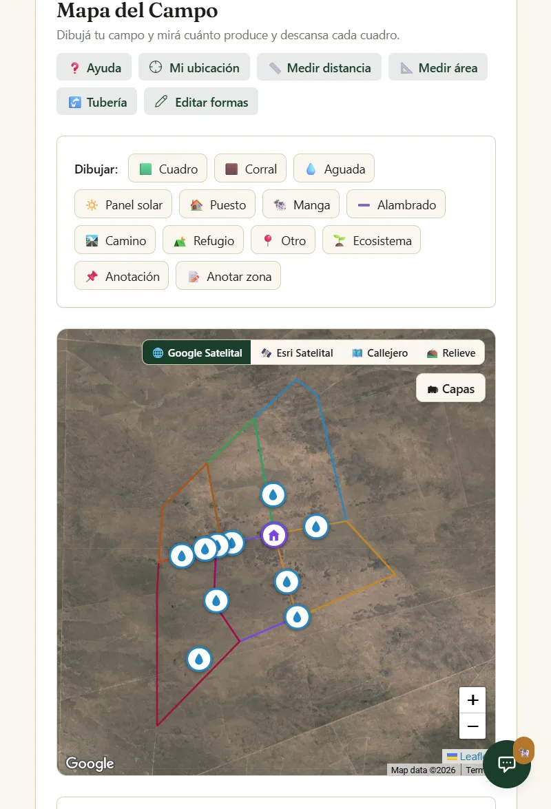 Captura de la app: Tus cuadros, aguadas y alambrados, sobre la foto satelital.